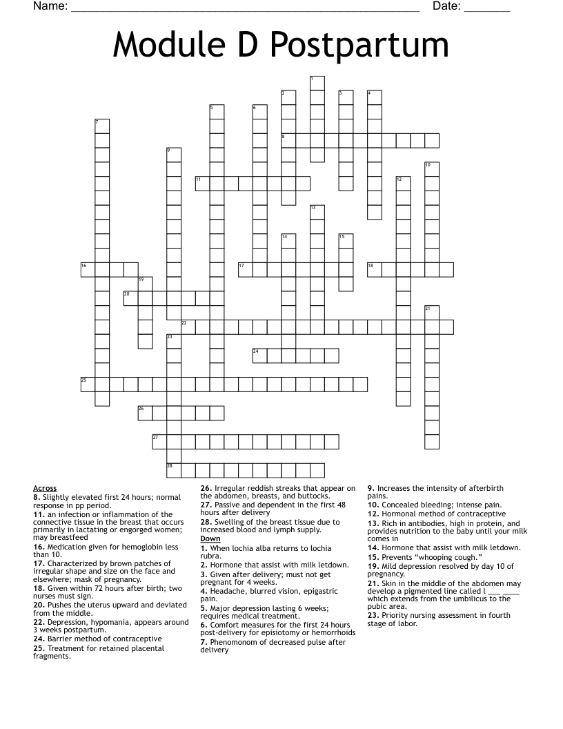 Module D Postpartum Crossword WordMint Module D Postpartum Crossword WordMint