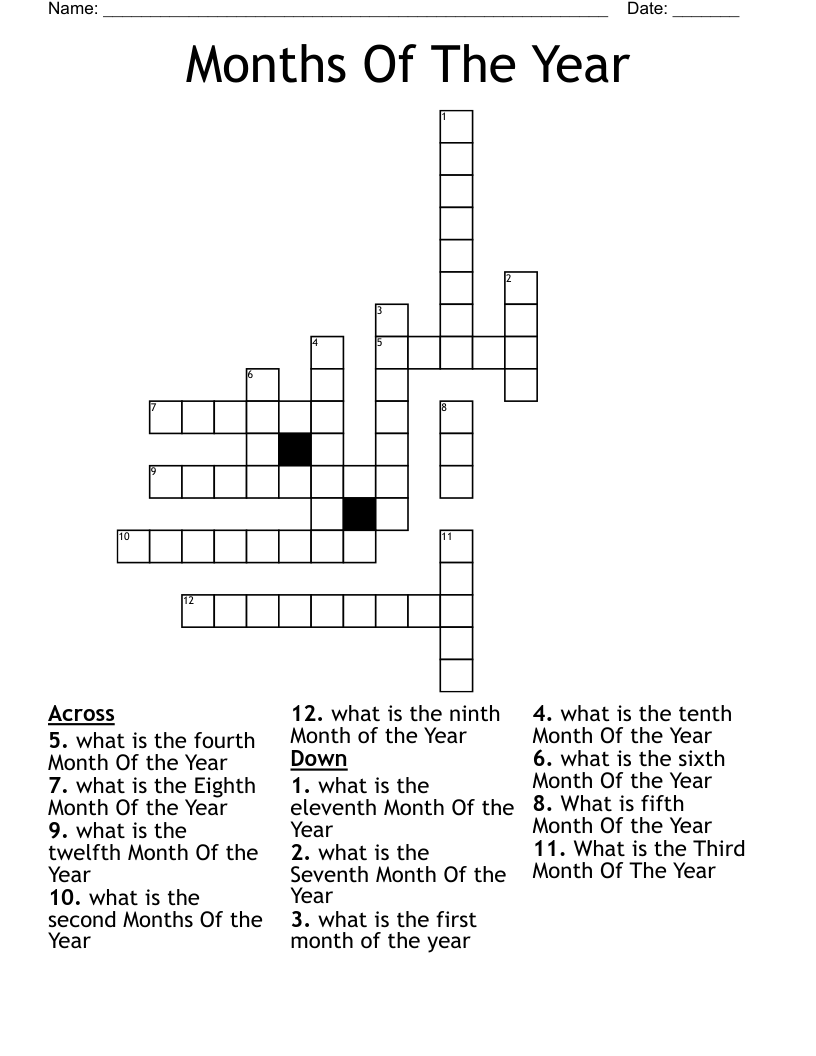 Months Of The Year Crossword WordMint