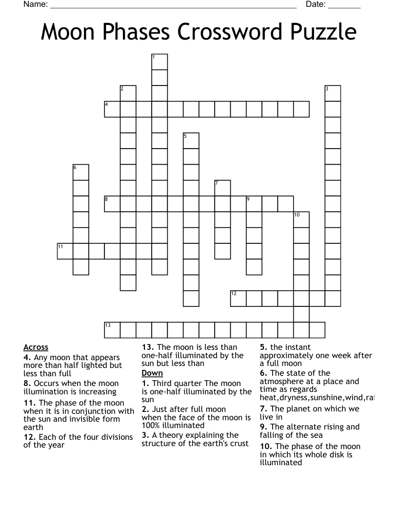 Moon Phases Crossword Puzzle WordMint Moon Phases Crossword Puzzle WordMint