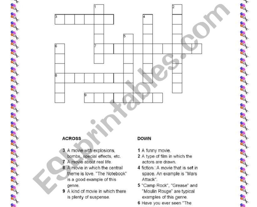 Movie Genre Crosswords ESL Worksheet By Ctrajtemberg