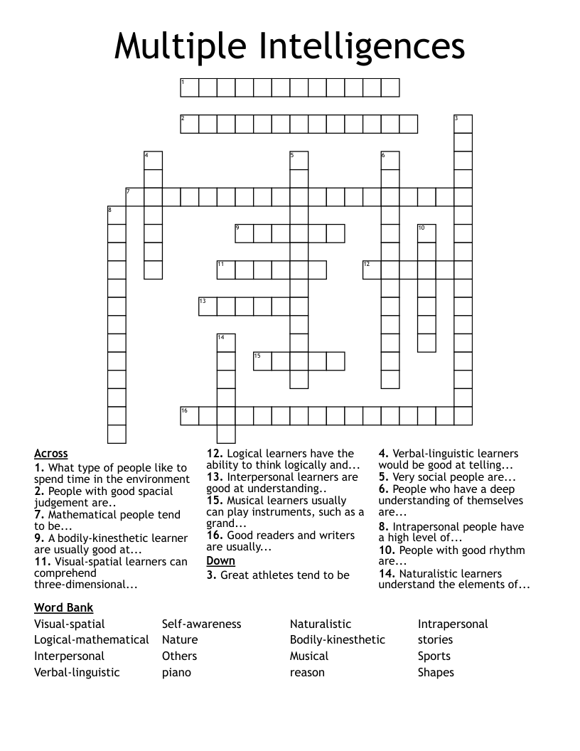Multiple Intelligences Crossword WordMint Multiple Intelligences Crossword WordMint