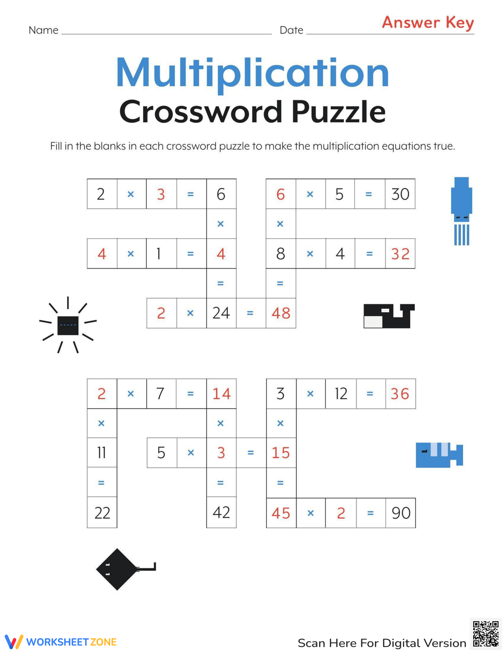 Multiplication Crossword Puzzle Fun Worksheet
