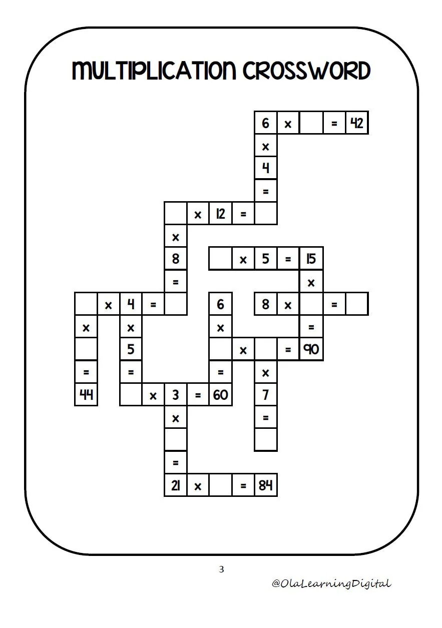Multiplication Crossword Puzzle Multiplying Practice Worksheet Crossword Puzzle Times Tables For 1st 4th Grade Multiplication Table Etsy