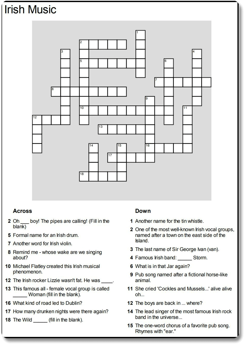Music Crosswords Printable Music Crosswords Printable