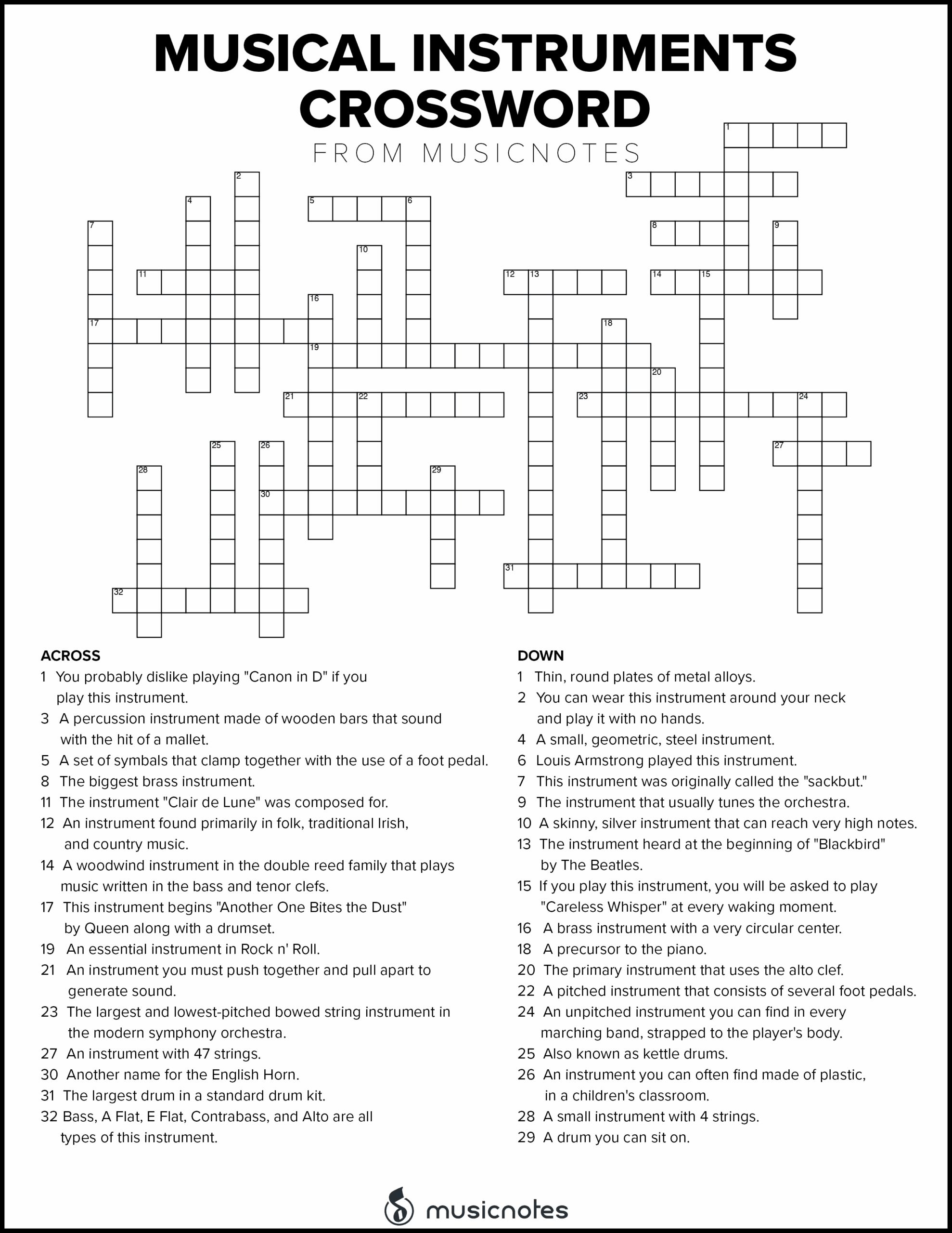 Musical Crossword Puzzles With Free Printables Musicnotes Now Musical Crossword Puzzles With Free Printables Musicnotes Now