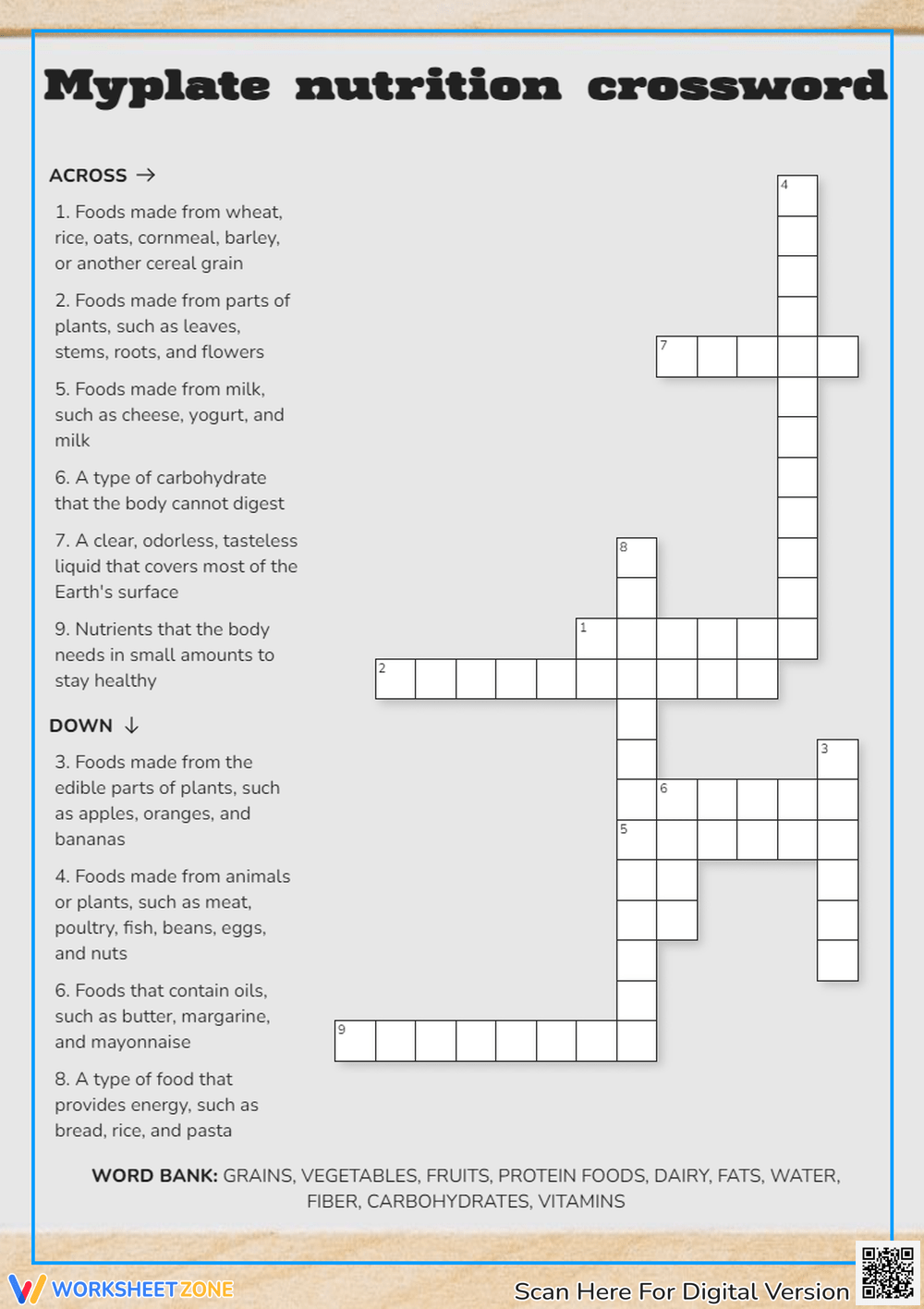 Myplate Crossword Puzzle Worksheets Myplate Crossword Puzzle Worksheets