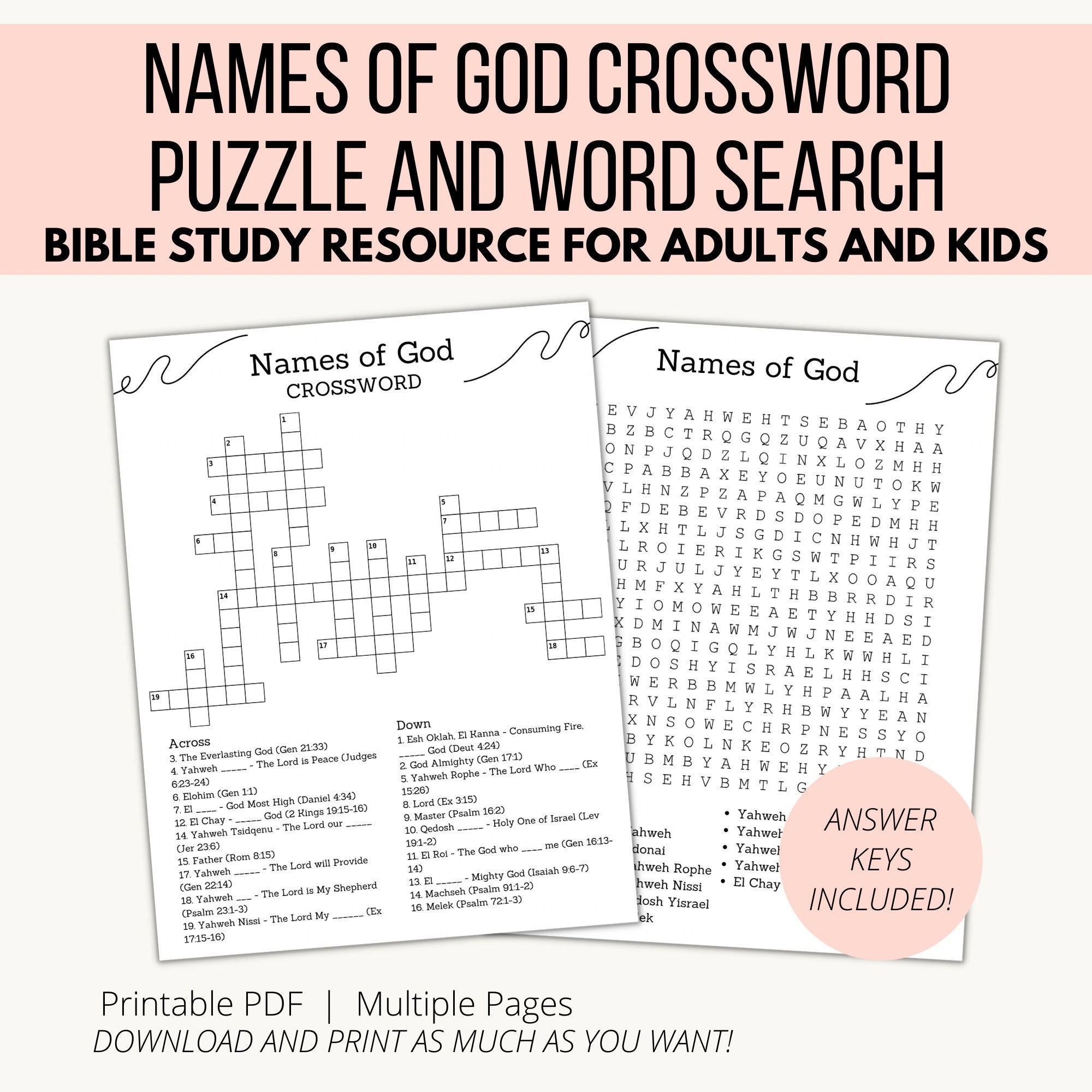 Names Of God Games Bundle Bible Study Resource For Kids And Adults Scripture Crossword Puzzle And Word Search Sunday School Resource Etsy