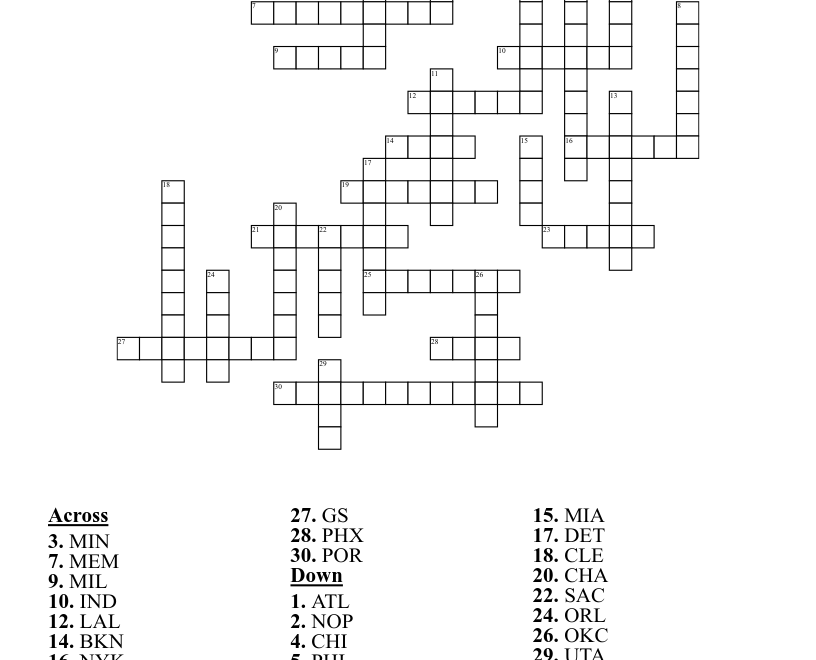 NBA Teams Crossword WordMint
