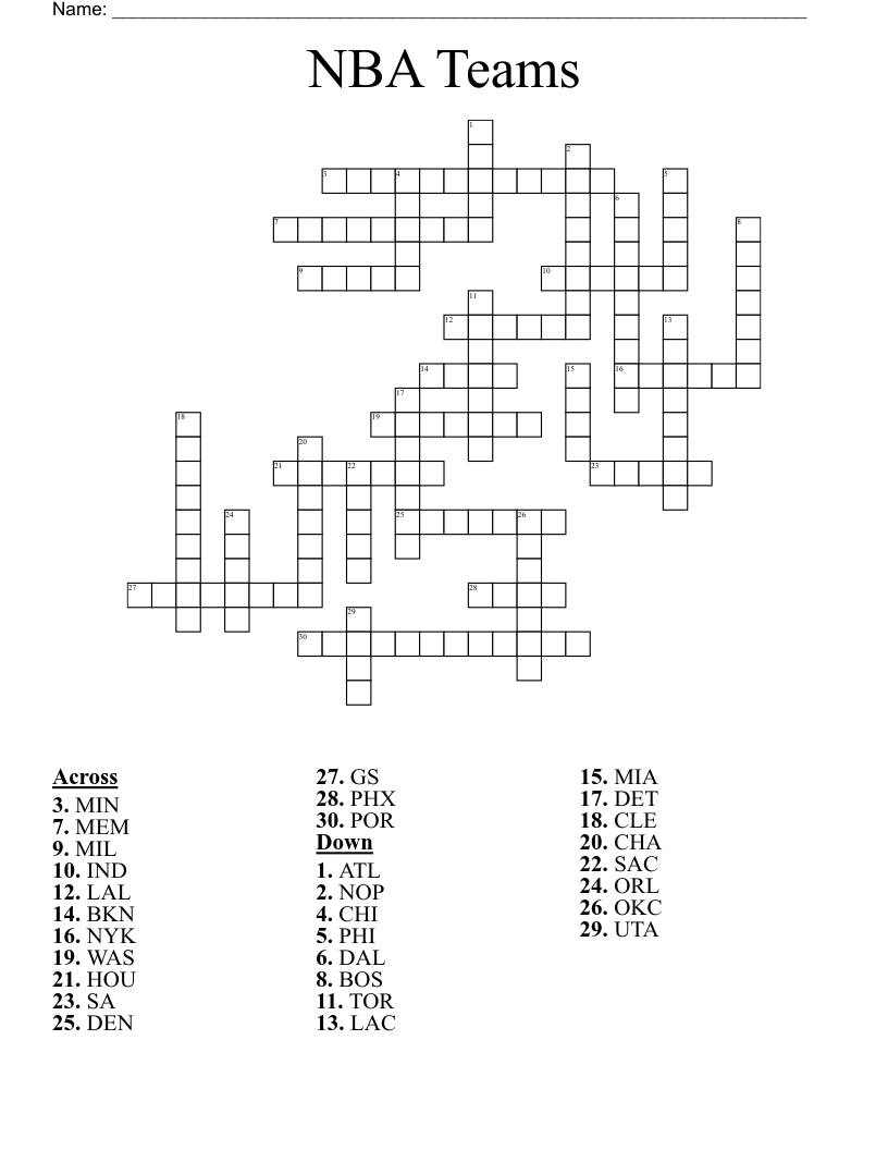 NBA Teams Crossword WordMint NBA Teams Crossword WordMint