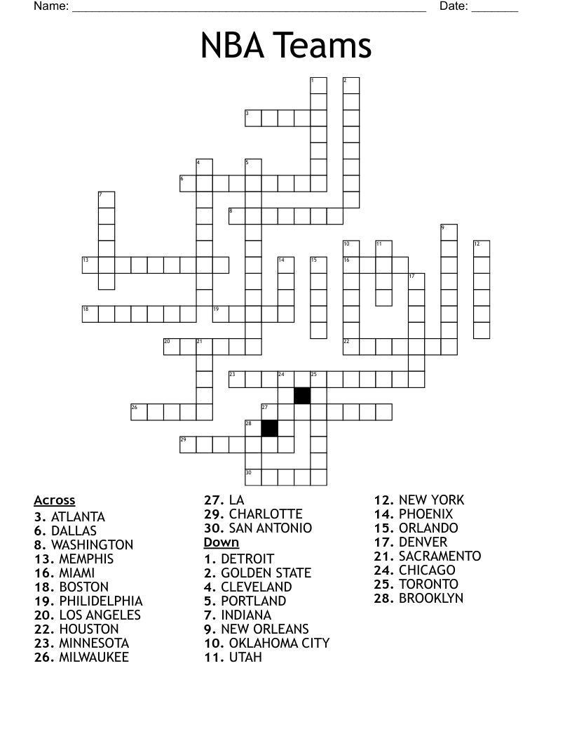 NBA Teams Crossword WordMint NBA Teams Crossword WordMint