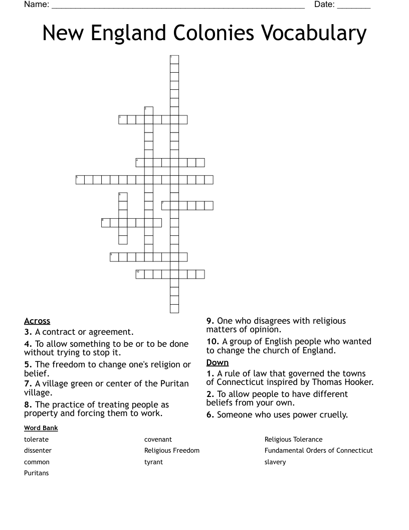 New England Colonies Vocabulary Crossword WordMint New England Colonies Vocabulary Crossword WordMint