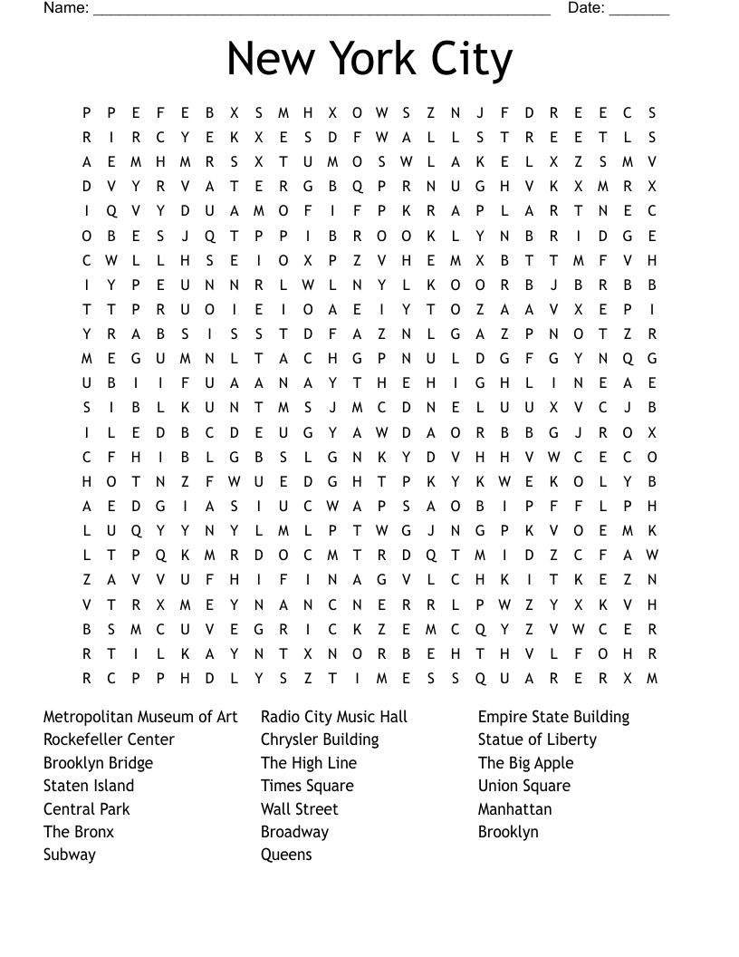New York City Word Search WordMint New York City Word Search WordMint