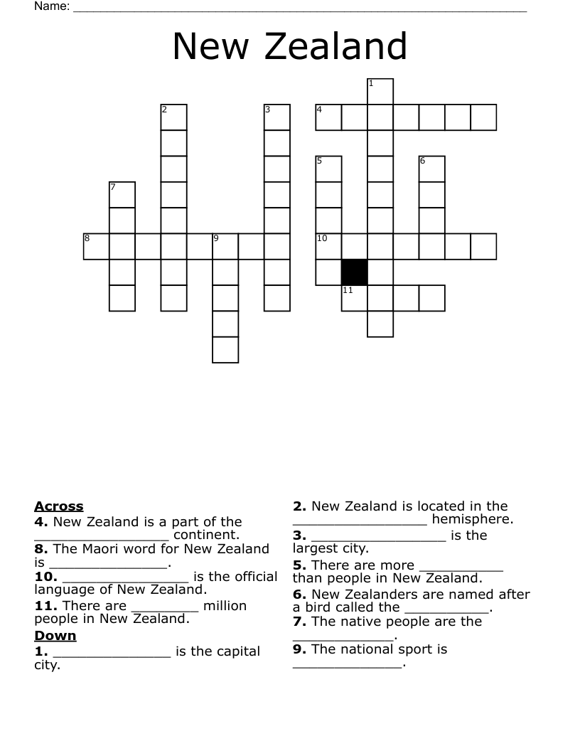 New Zealand Crossword WordMint Worksheets Library