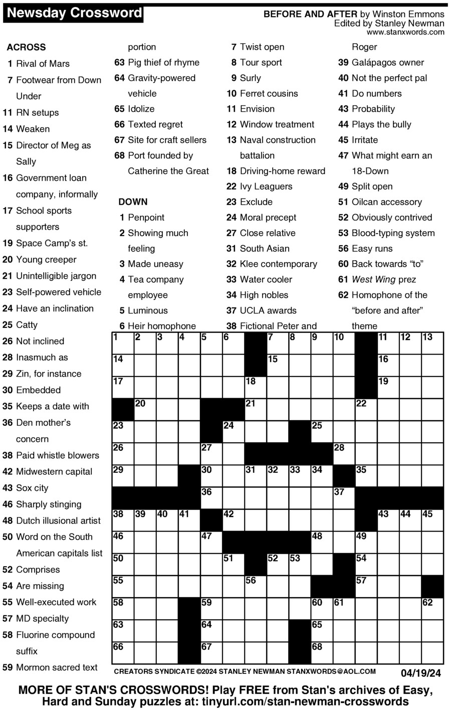 Newsday Crossword Puzzle For Apr 19 2024 By Stanley Newman Creators Syndicate
