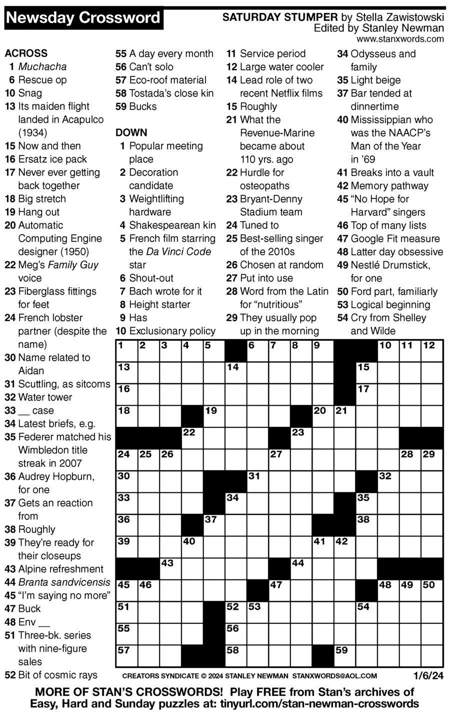 Newsday Crossword Puzzle For Jan 06 2024 By Stanley Newman Creators Syndicate
