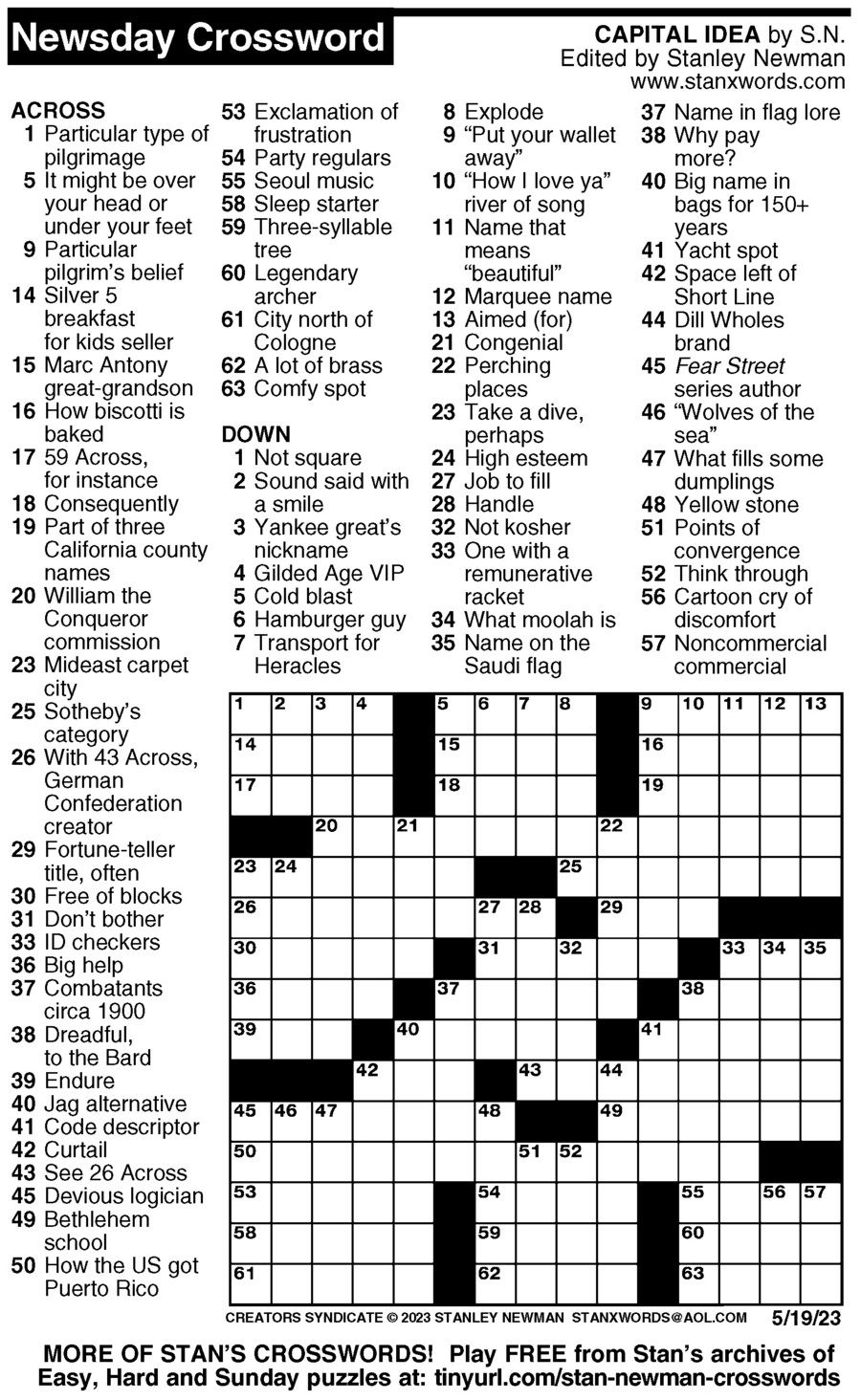 Newsday Crossword Puzzle For May 19 2023 By Stanley Newman Creators Syndicate Newsday Crossword Puzzle For May 19 2023 By Stanley Newman Creators Syndicate