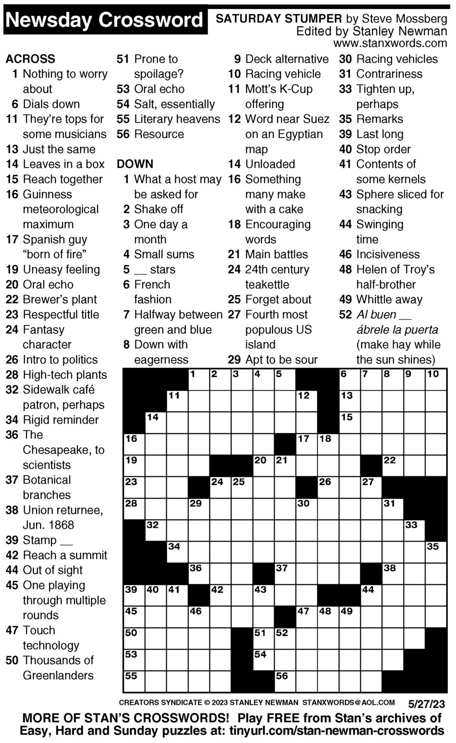 Newsday Crossword Puzzle For May 27 2023 By Stanley Newman Creators Syndicate Newsday Crossword Puzzle For May 27 2023 By Stanley Newman Creators Syndicate