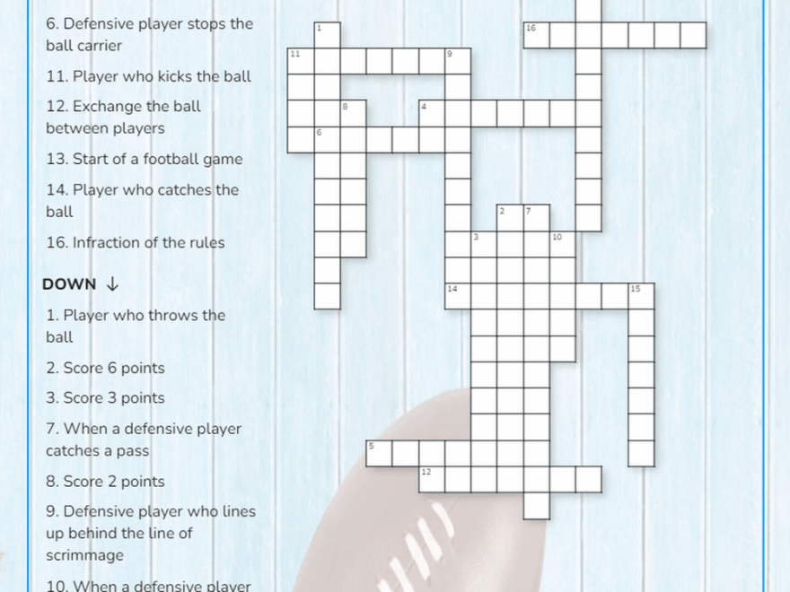 NFL Crossword Puzzle Worksheets Printable