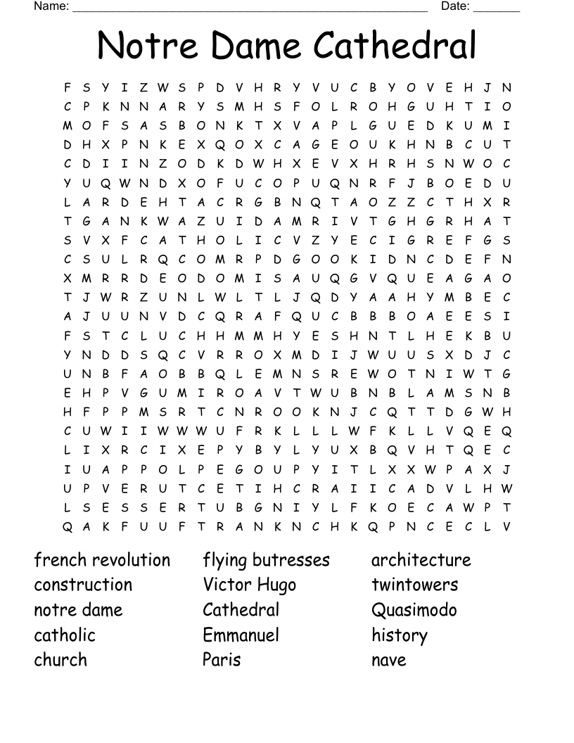 Notre Dame Cathedral Word Search WordMint