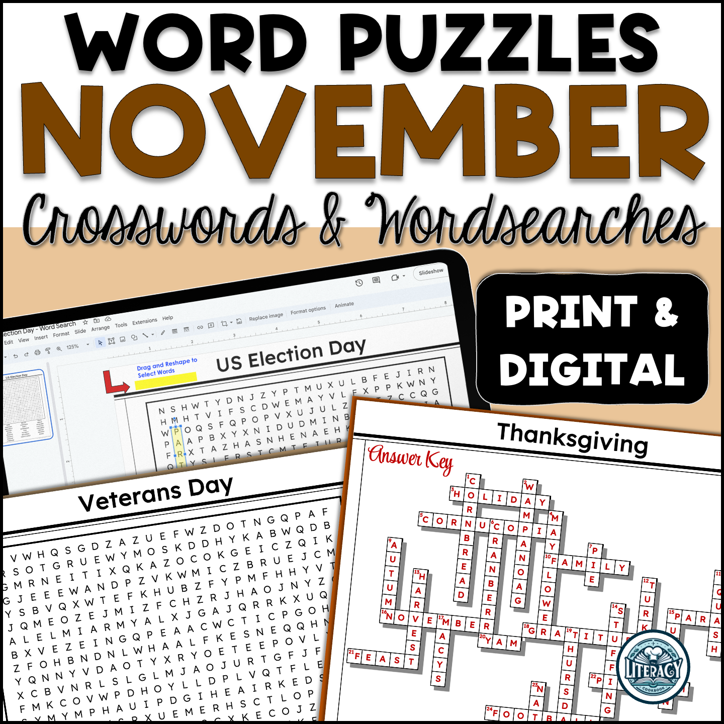 November Crossword Puzzles Word Search Print Digital Resources MS HS Classful