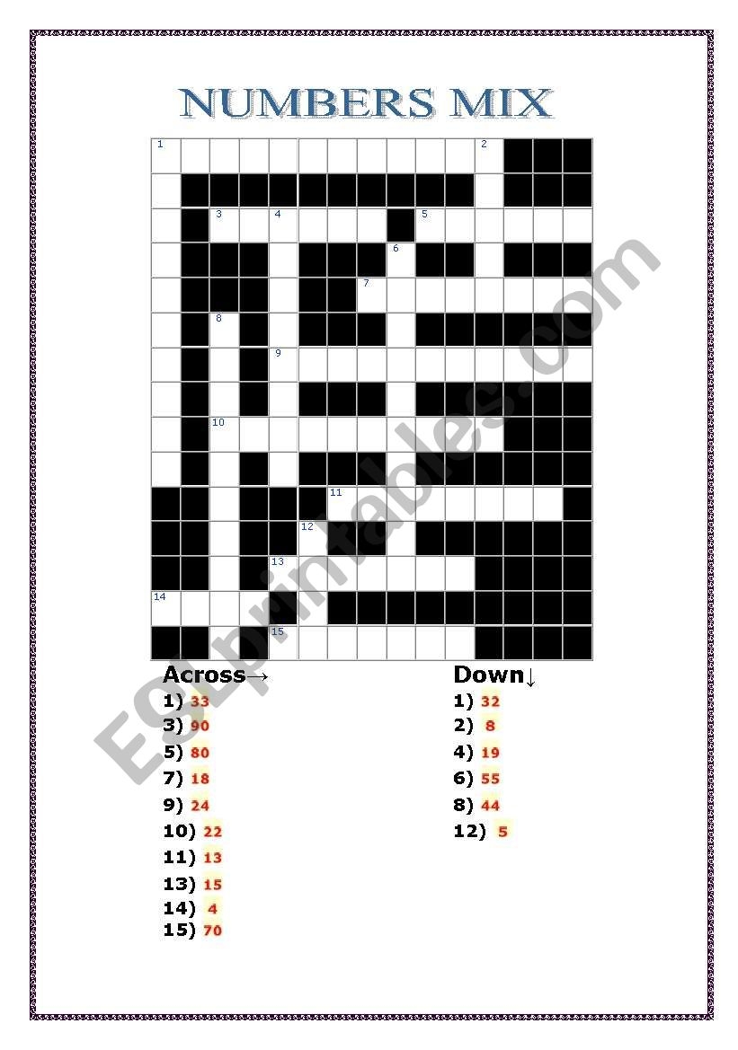 Numbers Crossword 1 99 ESL Worksheet By Nucan