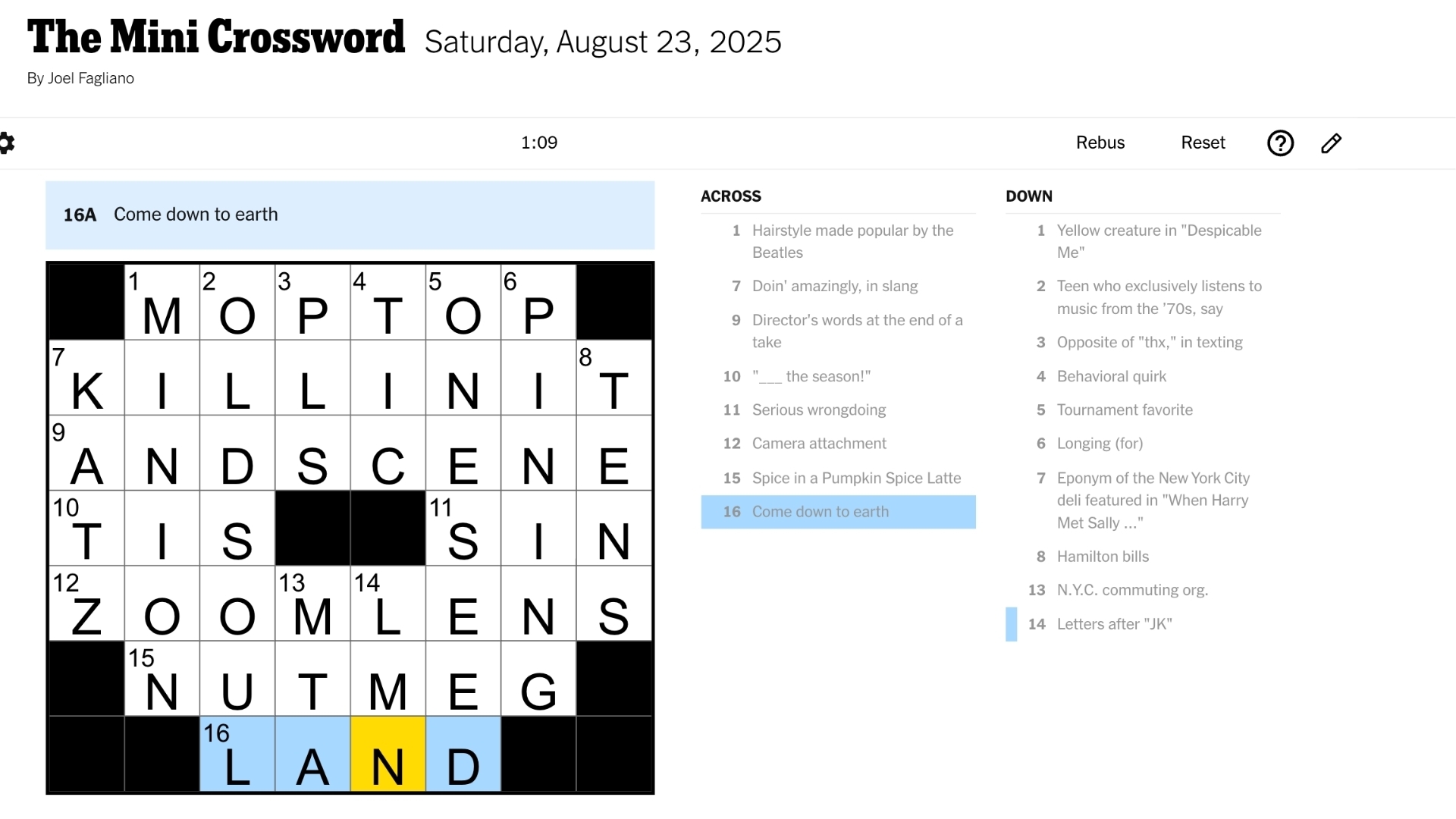 NYT Mini Crossword Answers Today August 23 2025 Clues Solutions