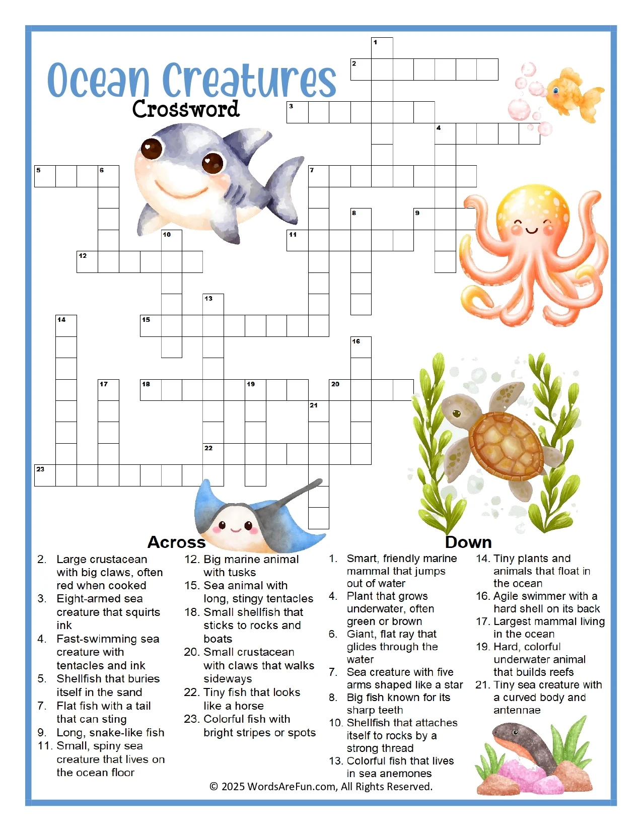 Ocean Creatures Crossword Puzzle Printable For Kids Classrooms Ocean Creatures Crossword Puzzle Printable For Kids Classrooms