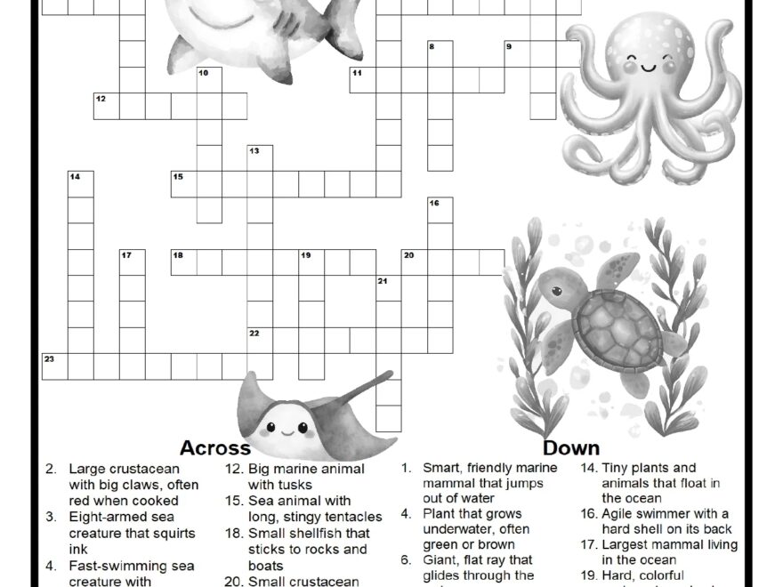 Ocean Creatures Crossword Puzzle Printable For Kids Classrooms