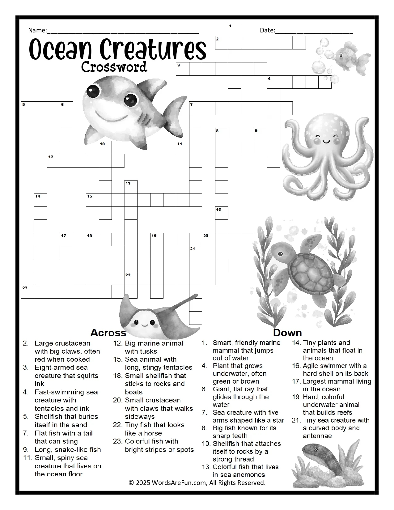 Ocean Creatures Crossword Puzzle Printable For Kids Classrooms Ocean Creatures Crossword Puzzle Printable For Kids Classrooms