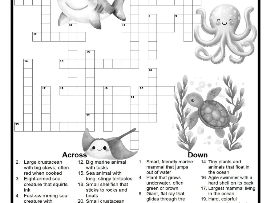 Ocean Creatures Crossword Puzzle Printable For Kids Classrooms