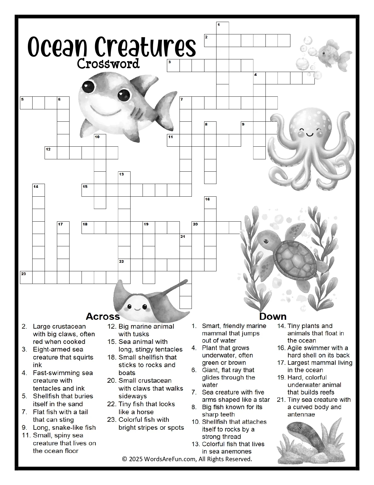 Ocean Creatures Crossword Puzzle Printable For Kids Classrooms Ocean Creatures Crossword Puzzle Printable For Kids Classrooms