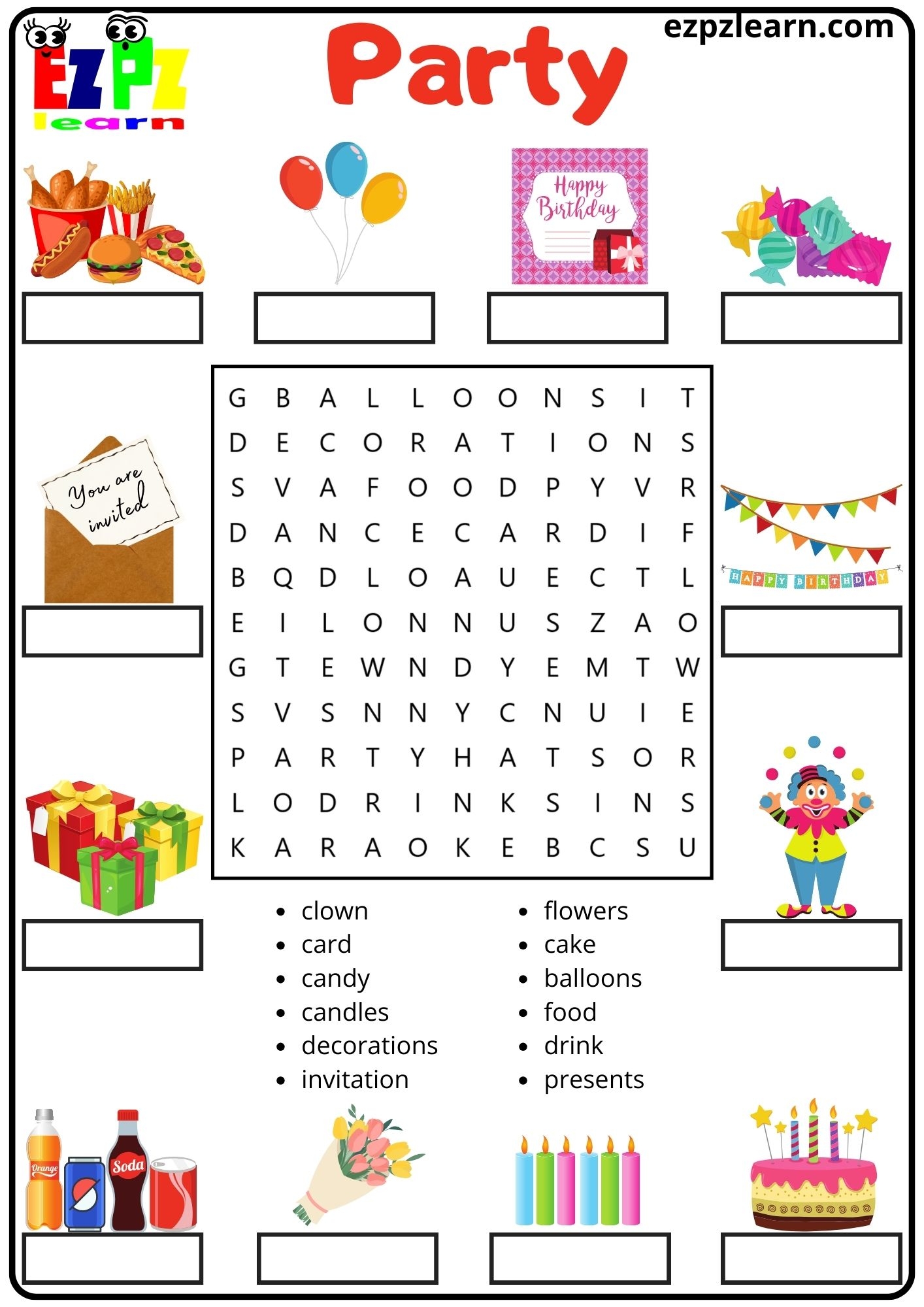 Party Vocabulary Word Search And Match The Words Activity For Kids And English Language Learners PDF Ezpzlearn