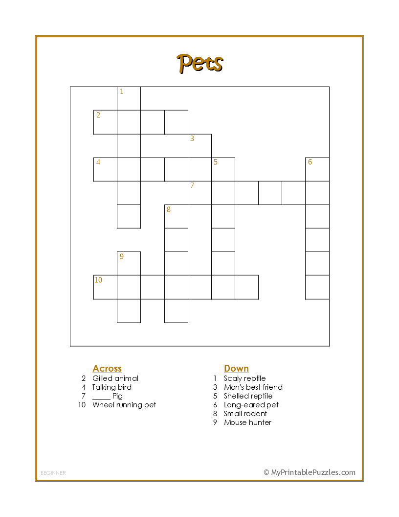 Pets Crossword Puzzle Beginner My Printable Puzzles Pets Crossword Puzzle Beginner My Printable Puzzles