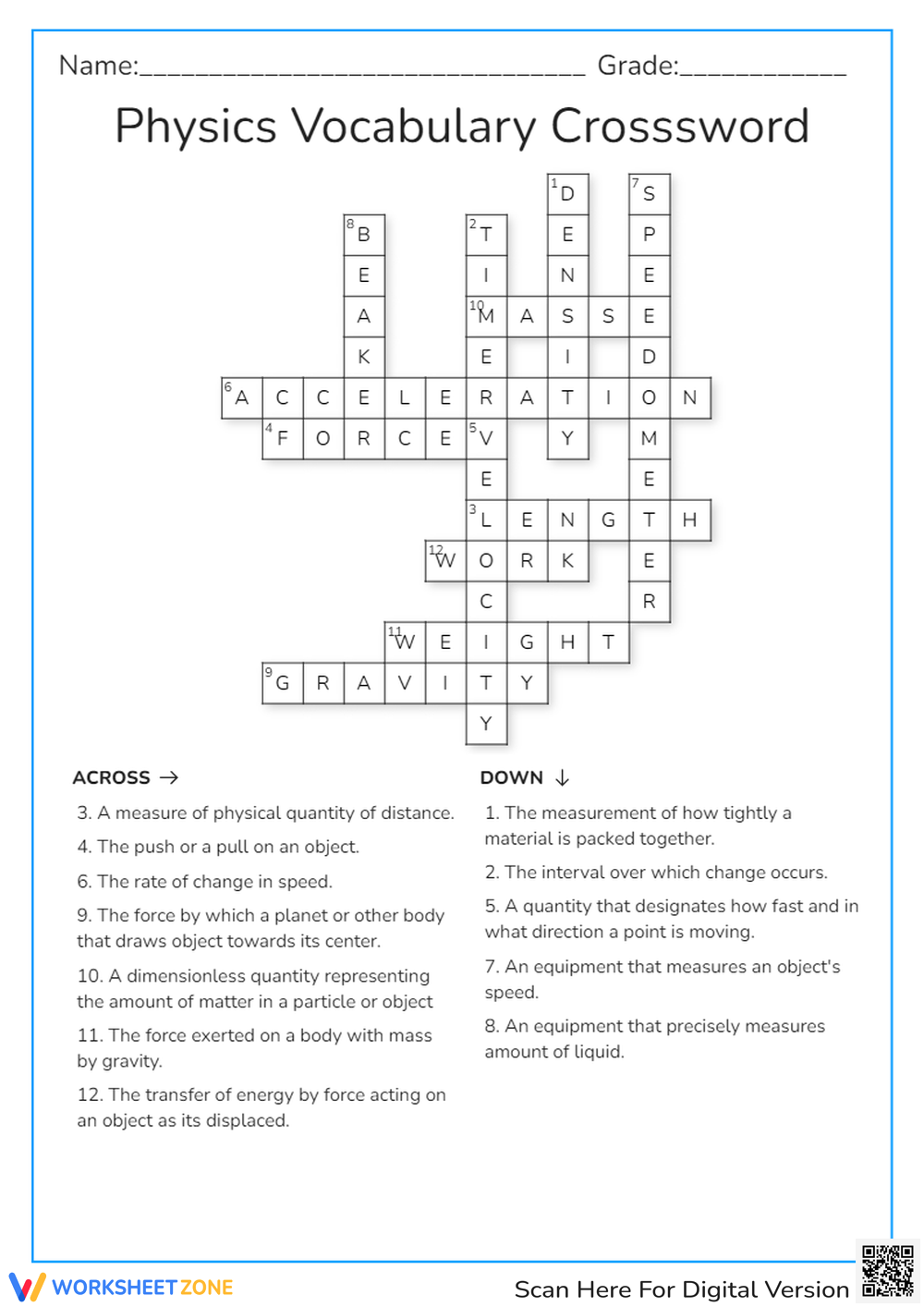 Physics Vocabulary Crossword Puzzle Worksheet