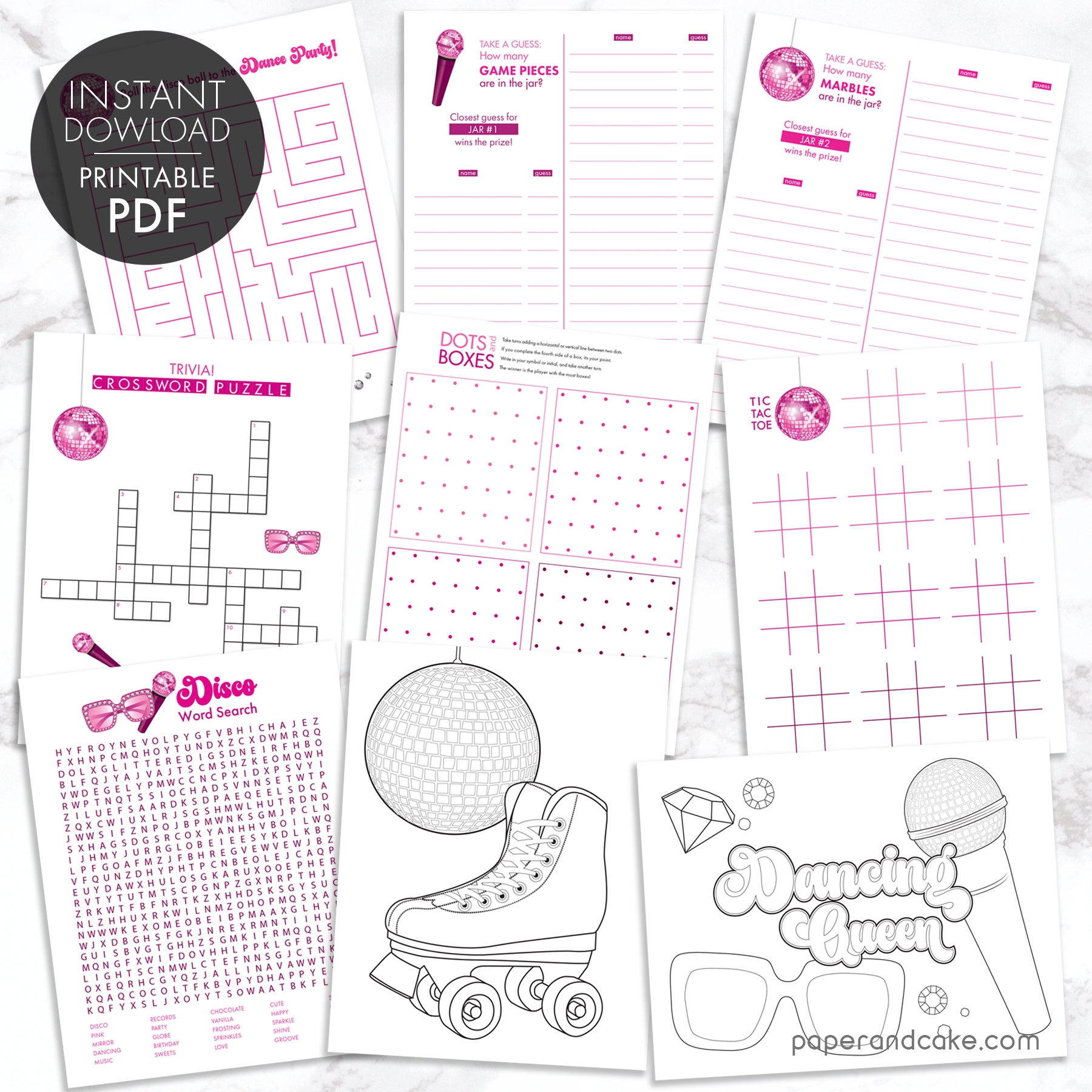 Pink Disco Printable Party Games Paper And Cake