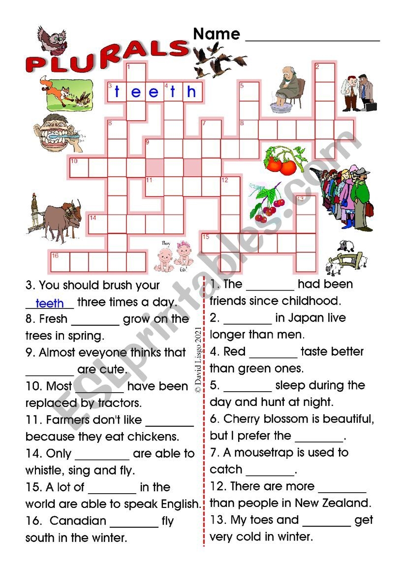 Plurals Crossword And Sentences Completion Puzzle With Answer Key ESL Worksheet By David Lisgo Plurals Crossword And Sentences Completion Puzzle With Answer Key ESL Worksheet By David Lisgo