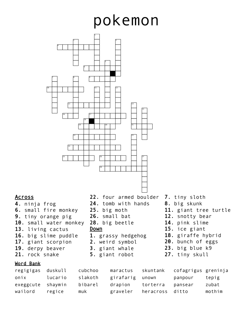 Pokemon Crossword WordMint Pokemon Crossword WordMint