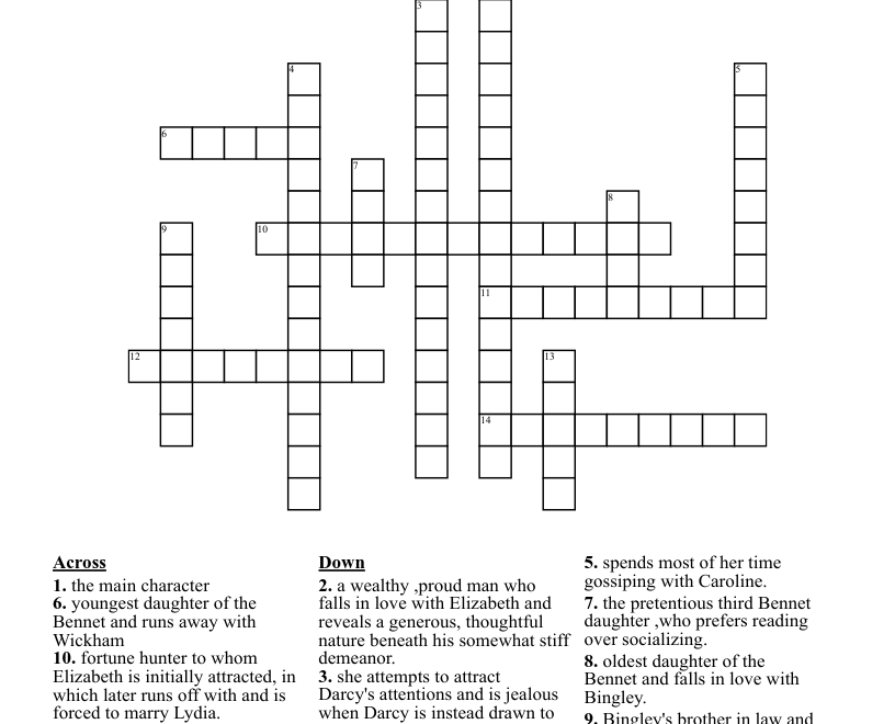 Pride And Prejudice Crossword Puzzle WordMint