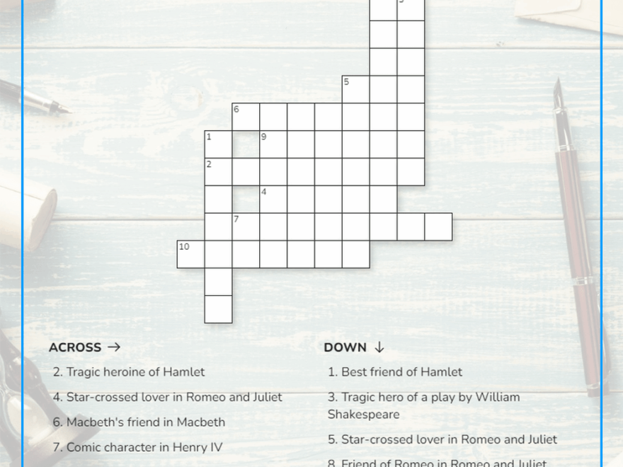 Printable Literary Crossword Puzzle Worksheets