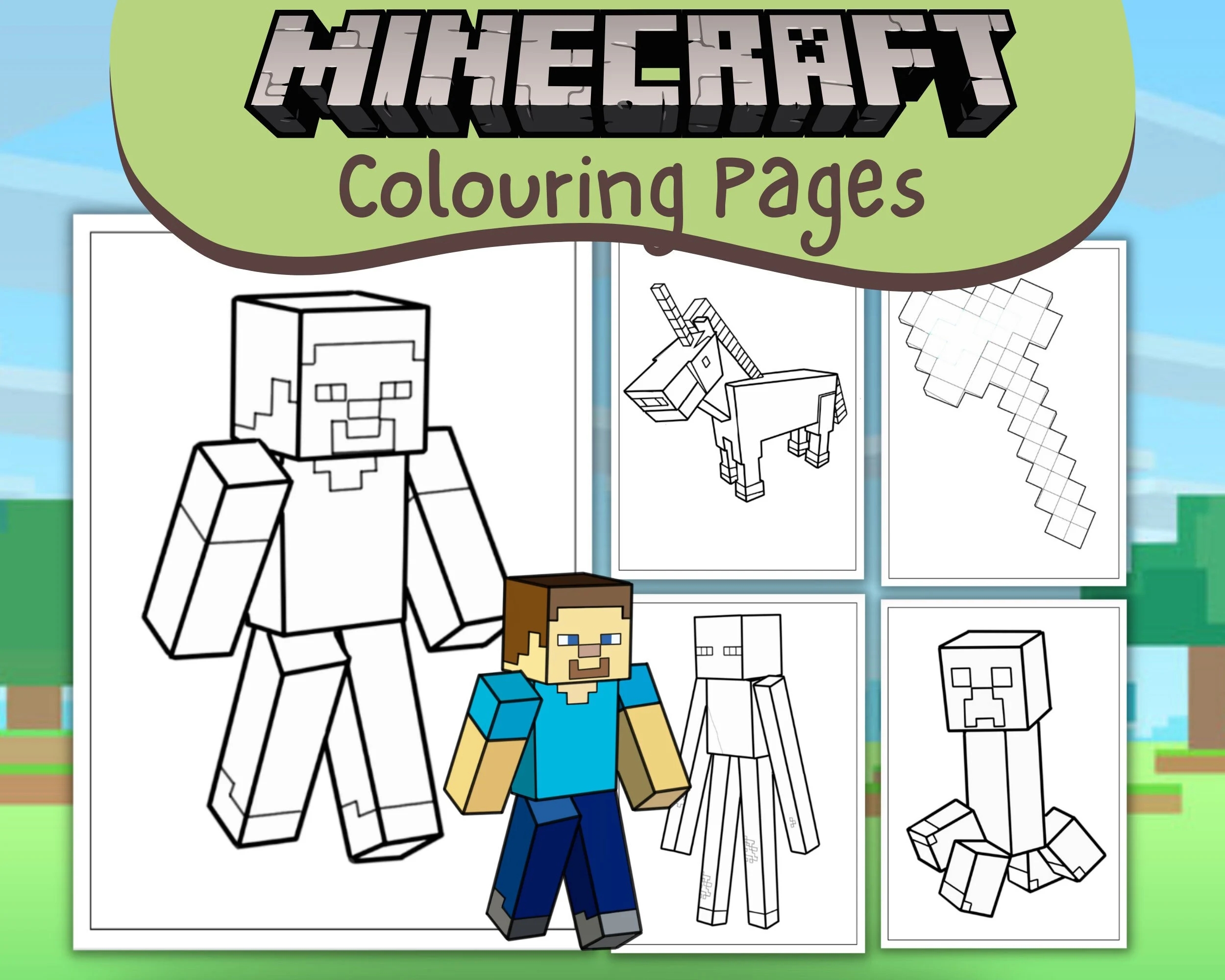 Printable Minecraft Colouring Pages Activity Worksheet Party Video Game Steve Creeper Drawing Colour PDF A4 Download Fine Motor Etsy
