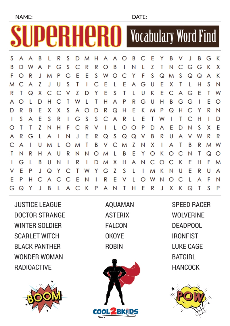 Superhero Crossword Printable Puzzle
