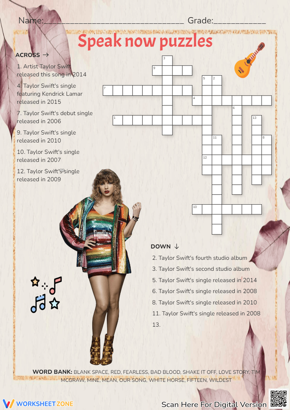 Printable Taylor Swift Crossword Worksheets Printable Taylor Swift Crossword Worksheets