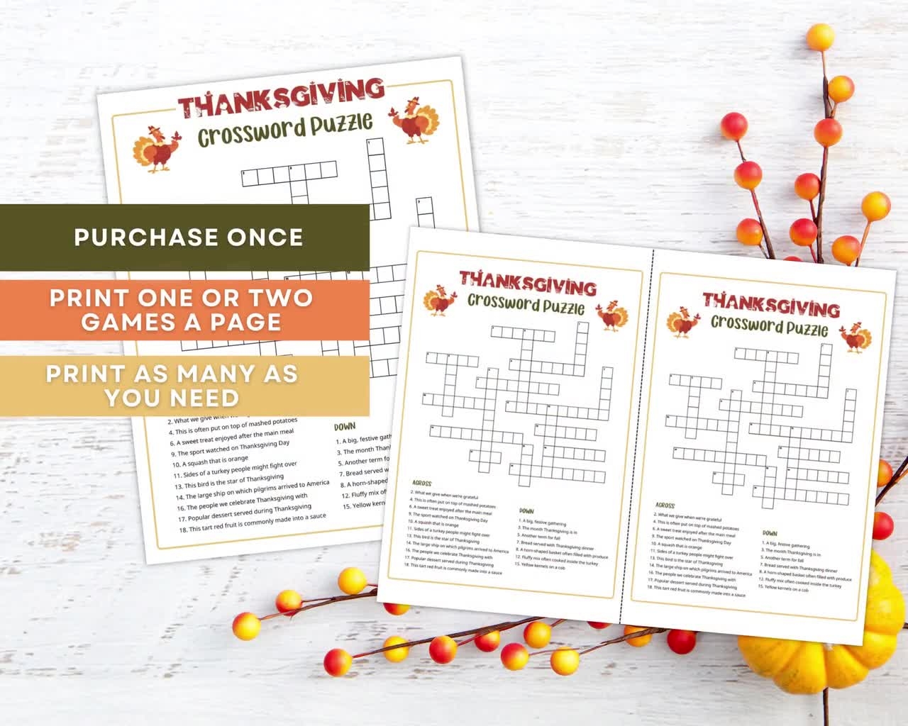 Printable Thanksgiving Crossword Puzzle For Kids And Adults Crossword Game For Thanksgiving Gatherings And Classrooms Instant Download Etsy