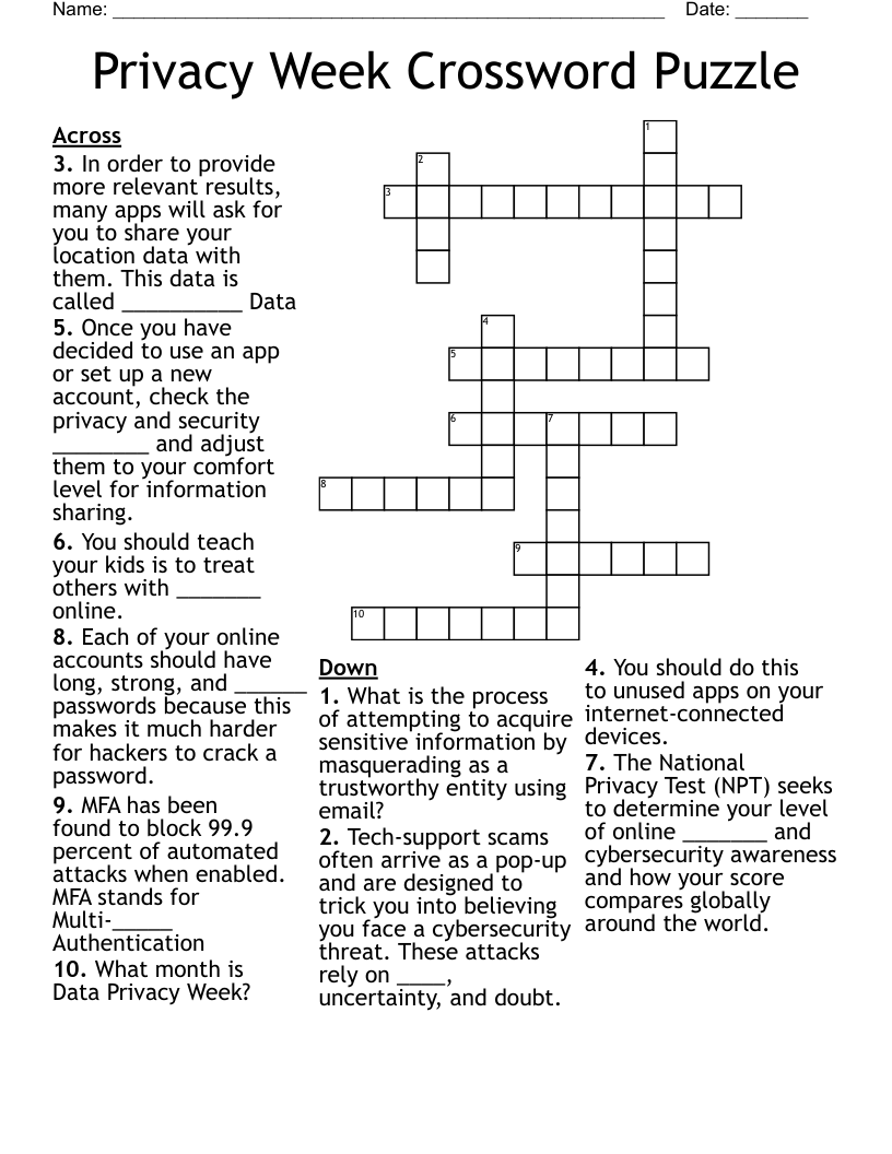 Privacy Week Crossword Puzzle WordMint