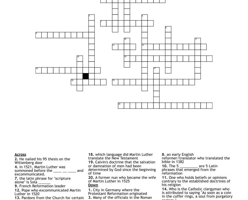 Protestant Reformation Crossword WordMint