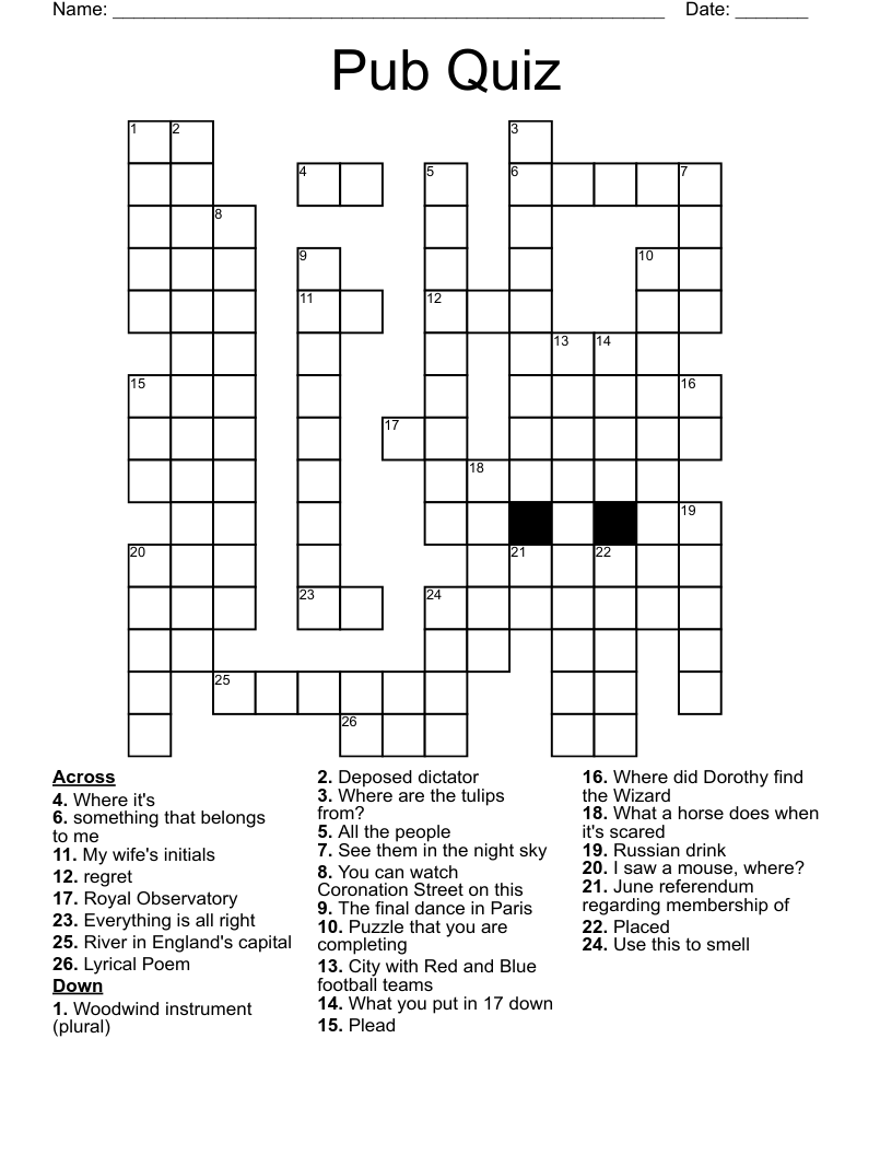 Pub Quiz Crossword WordMint Pub Quiz Crossword WordMint