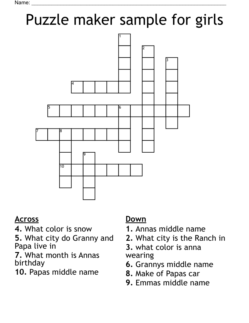 Puzzle Maker Sample For Girls Crossword WordMint Puzzle Maker Sample For Girls Crossword WordMint