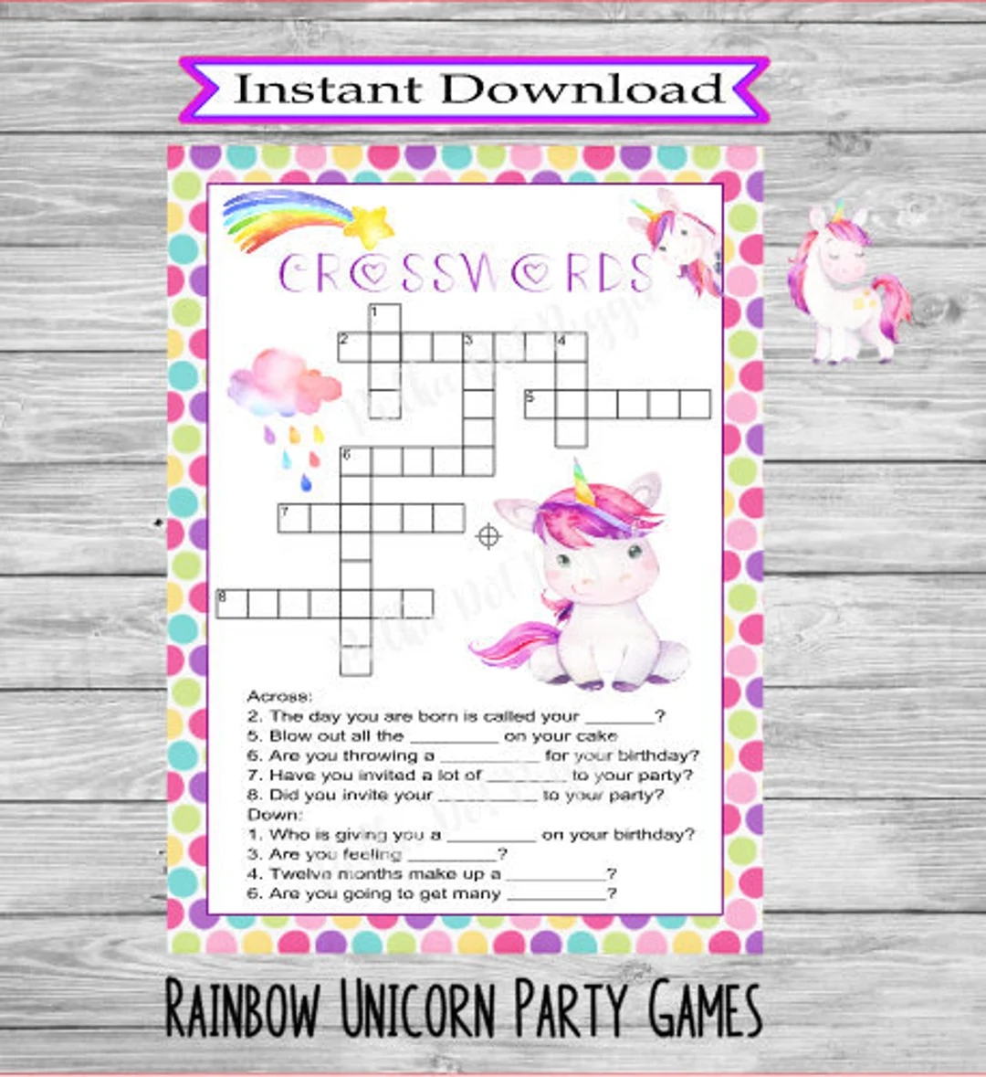 Rainbow Unicorn Girls Crossword Puzzle Birthday Party Bachelorette Party Baby Shower Wedding Shower Game Instant Digital Printable Download Etsy