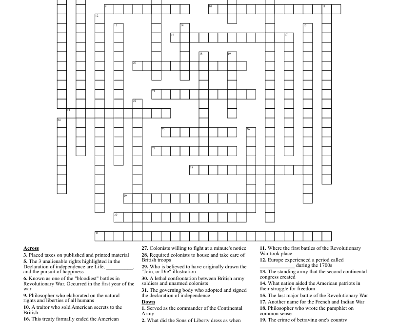 Revolutionary War Crossword Puzzle WordMint