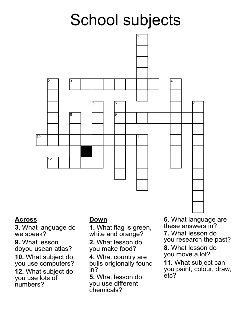 School Subjects Crossword WordMint School Subjects Crossword WordMint